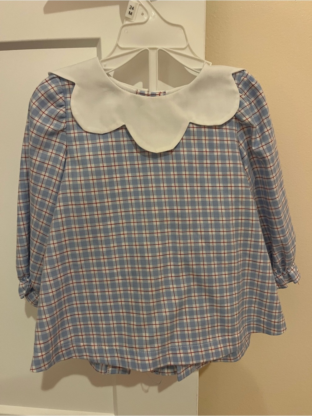 Stitchy fish brand Blue Plaid Girls' Top with White Peter Pan Collar